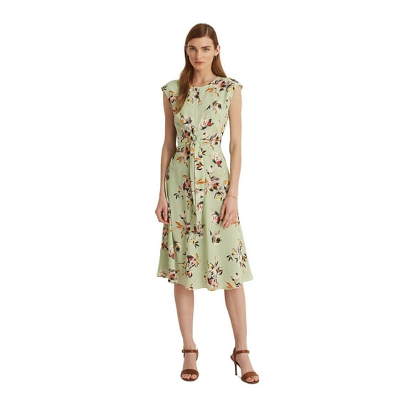LAUREN RALPH LAUREN Womens Green Zippered Textured Lined Tie Front Floral Cap Sleeve Round Neck Knee Length Fit   Flare Dress Petites 14P