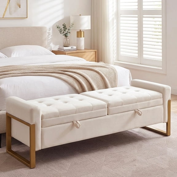Aemeios 67" Velvet Storage Bench for Bedroom End of Bed with Double Lids Storage and Gold Legs, Cream
