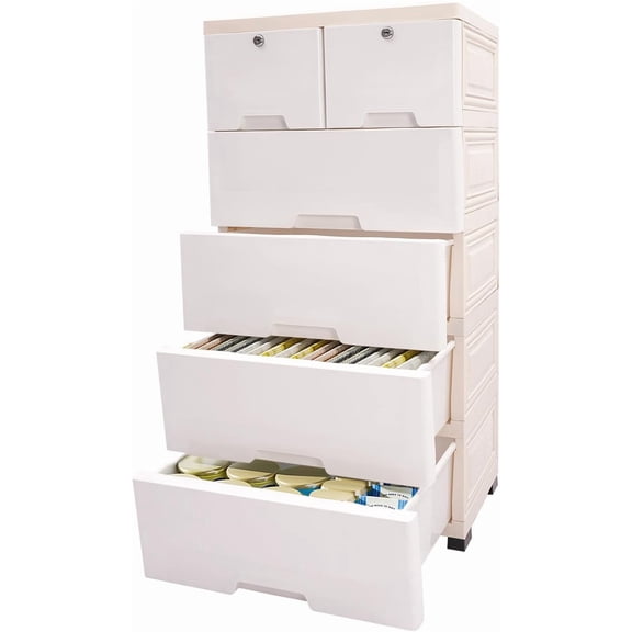 Moveable Plastic Drawers Dresser, Vertical Cabinet with Wheel, Closet Drawers with 6 Drawers, Tall Dresser Organizer for Hallway Entryway Home Furniture (White)