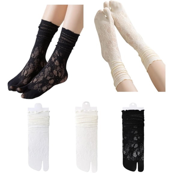Wrongduck Women Lace Tabi Socks, 3 Pairs Split Toe Mesh Slouch Socks for Flip Flops and Sandals, Breathable Novelty Socks for Daily Wear