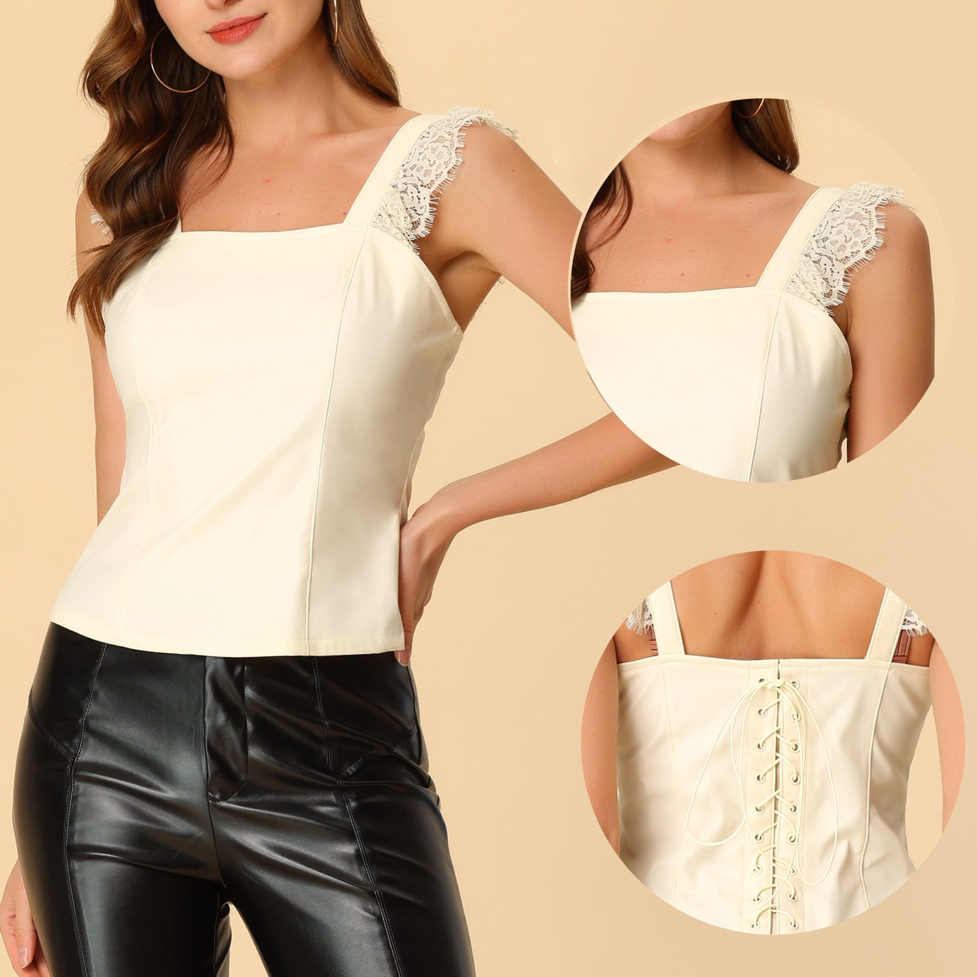 DARING DIVA Women's Party Lace Trim Tank Top Faux Leather PU Sleeveless Top M Beige