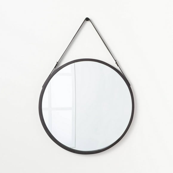 26" Wood Mirror with Pleather Strap Hanger Black - Threshold designed with Studio McGee