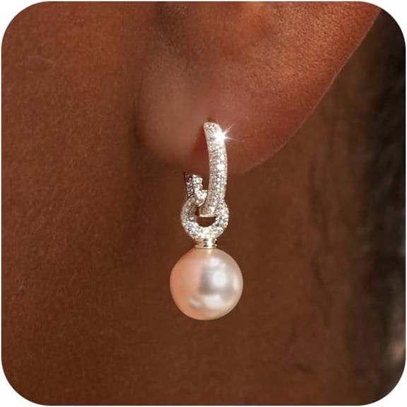 Pearl Earrings for Women, Dainty 14K Gold Plated Pearl Hoop Earrings Hypoallergenic Wedding Pearls Dangle Earrings Jewelry Gift for Women Bridal