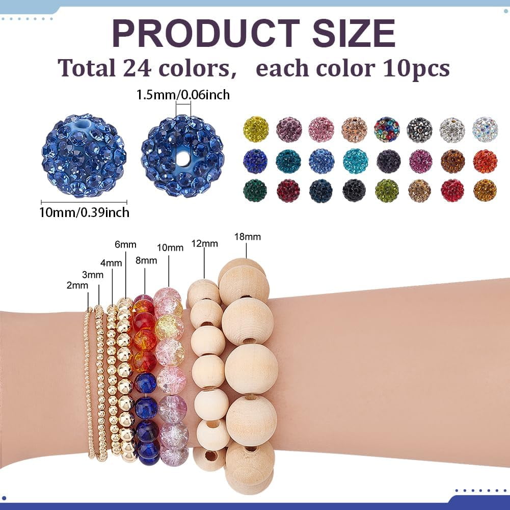 PH 240pcs 24 Colors Rhinestone Beads 10mm Pave Disco Ball Clay Beads Polymer Clay Rhinestone Bead Diamond Bead for Bracelet Baseball Necklace Earring Jewelry Making Beadable Pen Colorful
