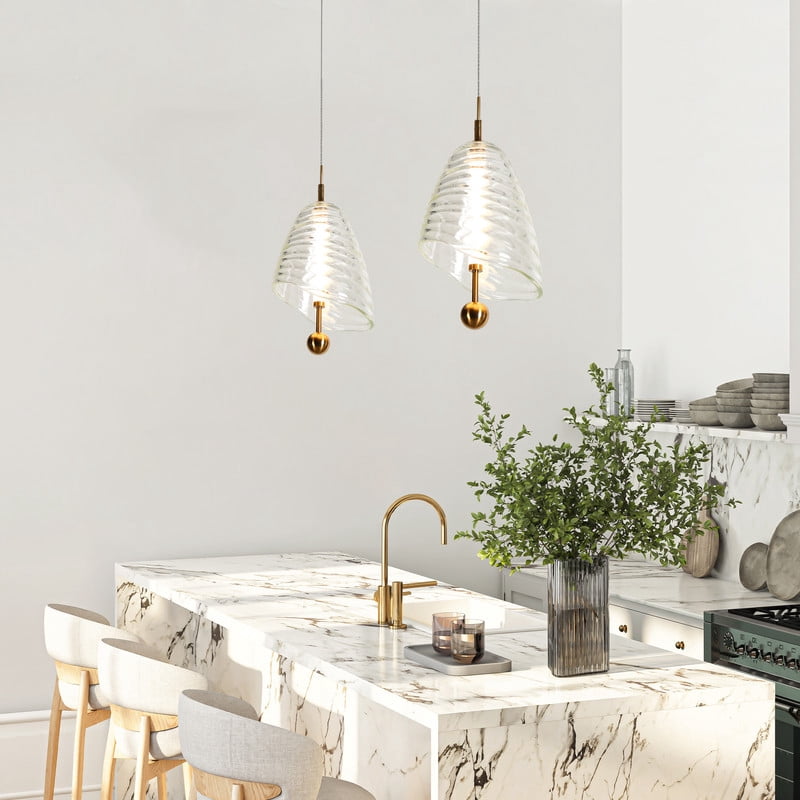 LNC Modern Gold Pendant Light with Clear Textured Shade, Integrated LED Hanging Fixture