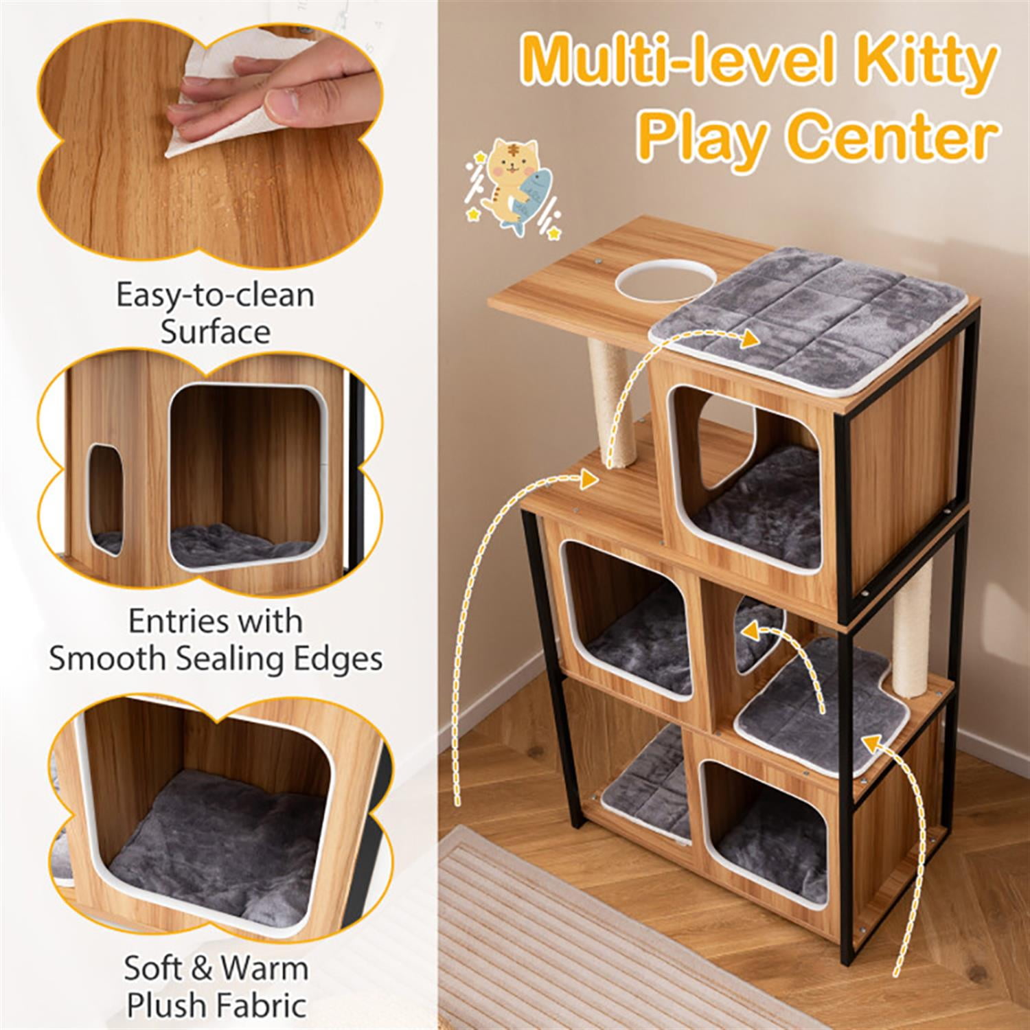 resenkos 52" Cat Tree Tower with Private Condos for Indoor Cats, Multifunctional Plush Cat House with Metal Frame and Scratching Posts, Brown