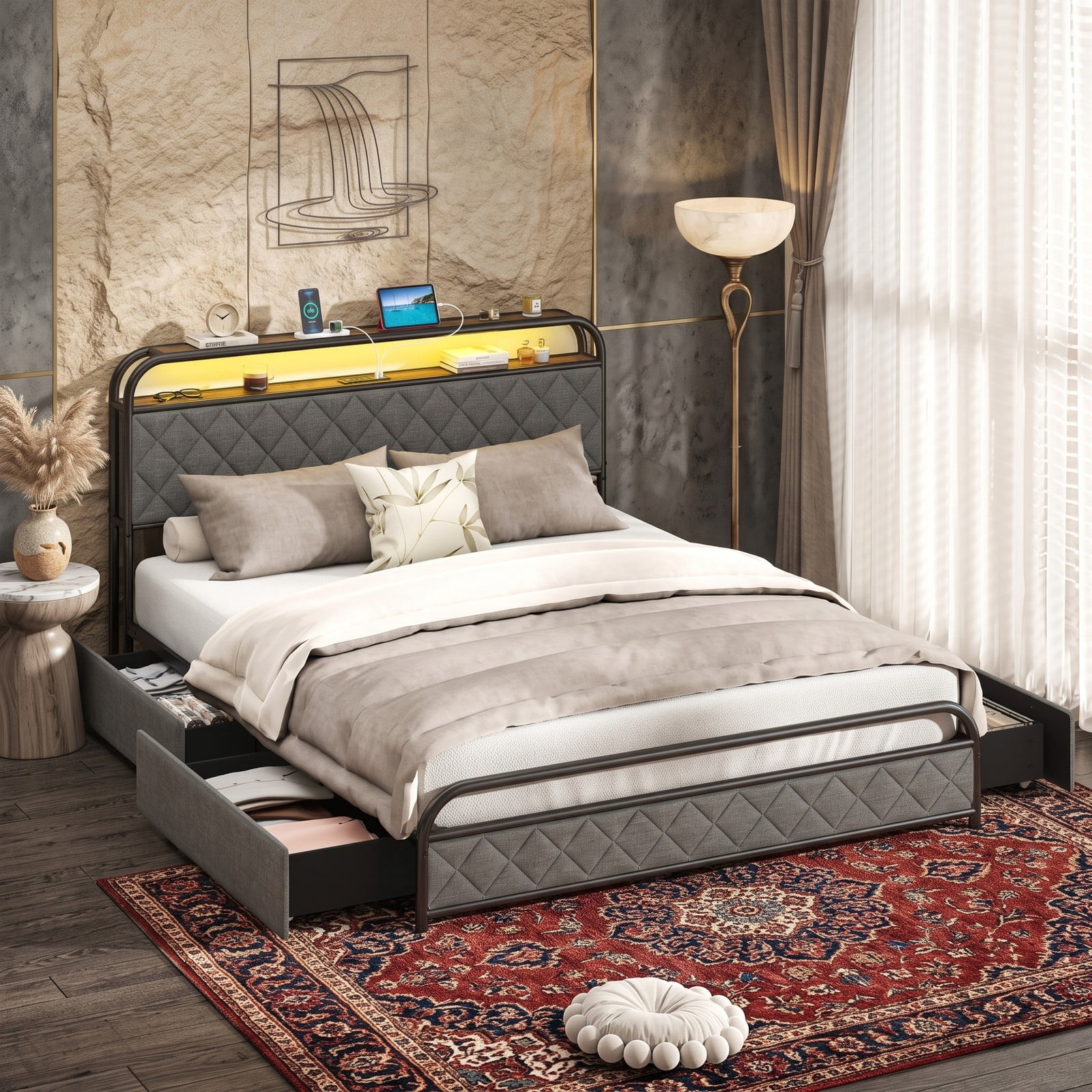 Furnibear Queen Size Metal Platform Bed Frame with LED Lights and 4 Storage Drawers with USB Charging Station for Bedroom, Gray