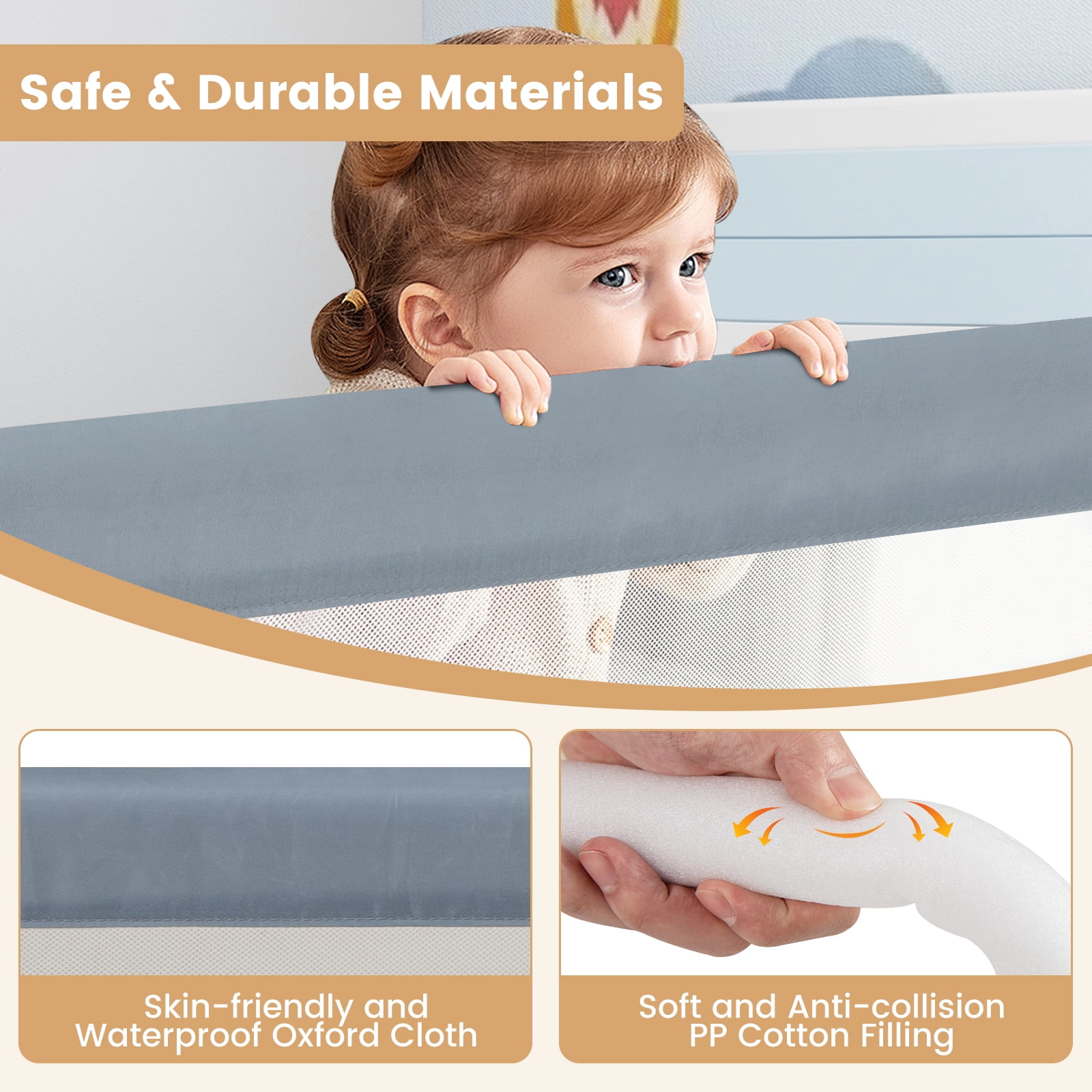 Gymax 71'' Toddler Foldable Bed Rail w/ Adjustable Safety Strap Bedrail Guard Gray