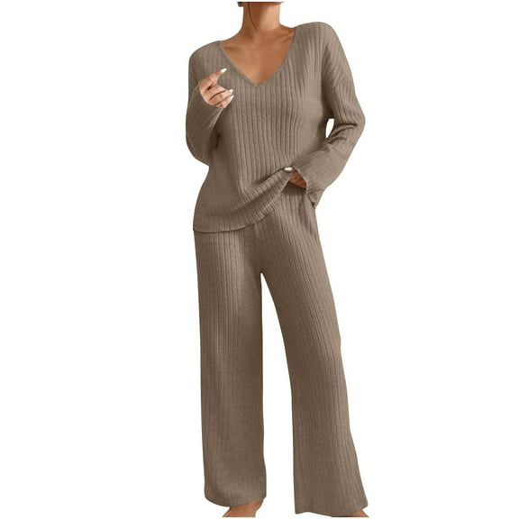 Lounge Sets for Women Long Sleeve V Neck Sweater Loose Wide Leg Pants Comfy Pajama Set Knit Sweatsuit 2 Piece Outfits