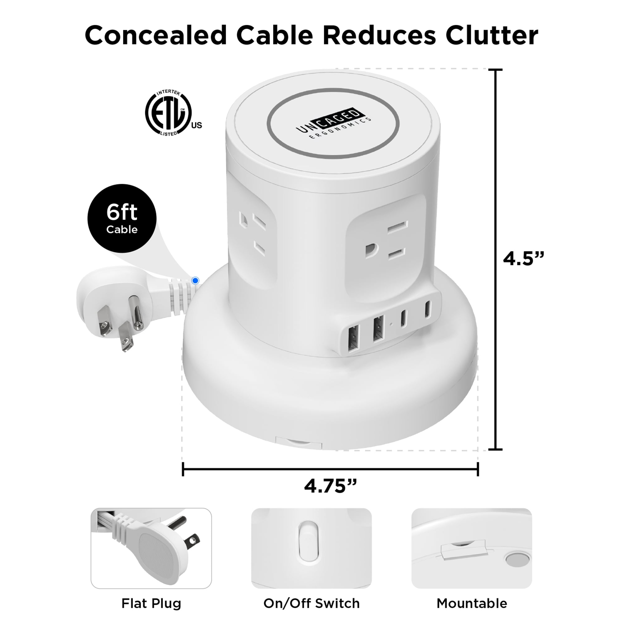 Wireless Retractable Power Strip Tower, 9-in-1 Surge Protector with 4 AC Outlets, 2 USB-C PD, 2 USB-A, 15W Wireless Charger, 6ft Auto-Retracting Cord, Fast Charging Station White