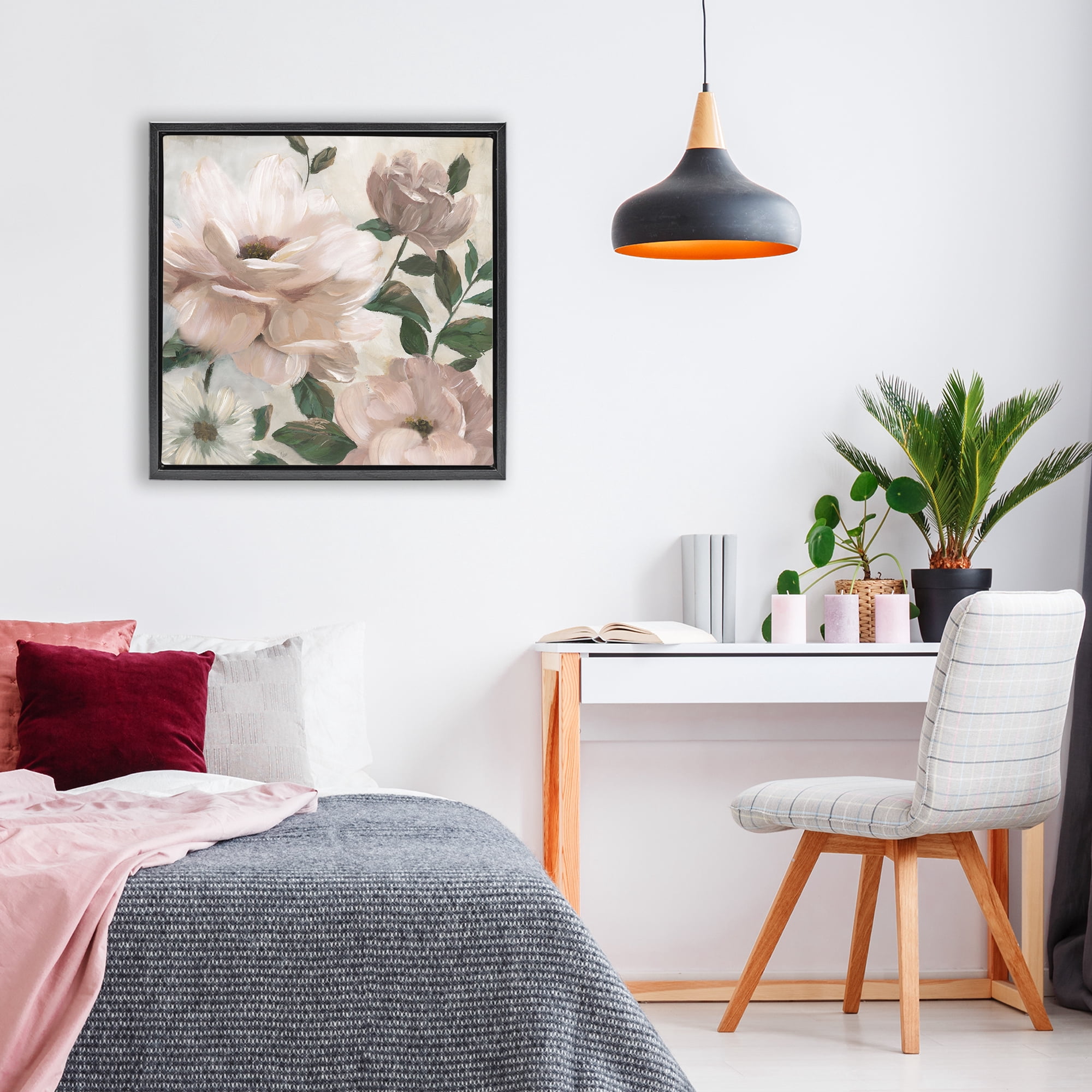 Stupell Industries Budding Blush Peonies & Leaves Black Framed Floater Canvas Wall Art, design by Nan