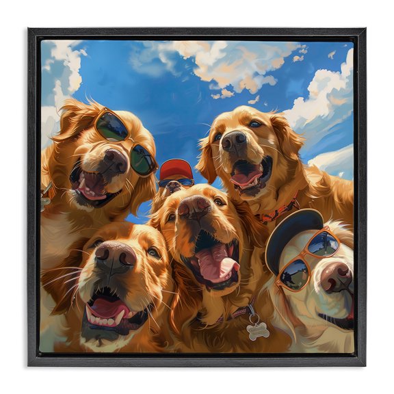 Stupell Industries Golden Retriever Group Selfie Animals Painting Black Floater Framed Canvas Art Print Wall Art, 18 x 18