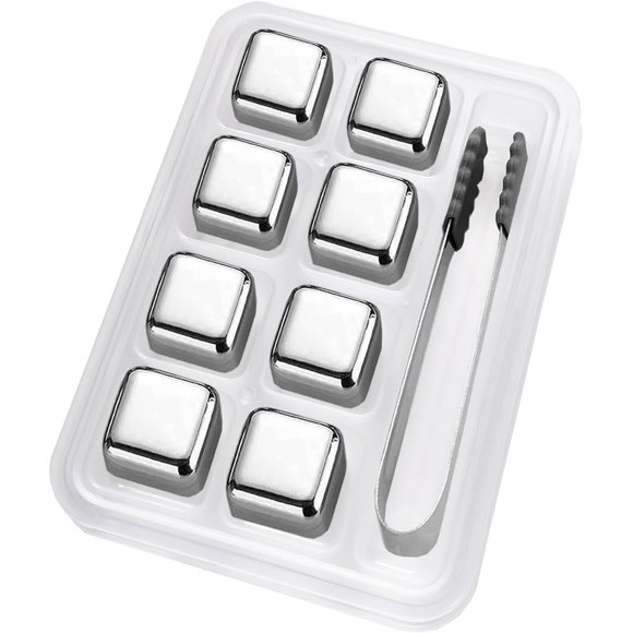 Bolonie 8 Pcs Cubes à Glace en Acier Inoxydable, Pierres à Whisky Réutilisables pour Vin avec Pinces à Glace Antidérapantes et Plateau de Rangement pour Congélateur
