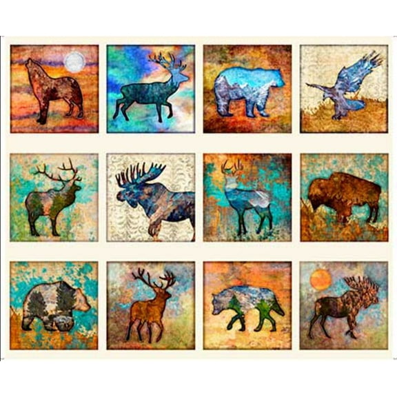 36" X 44" Panel Untamed Wolf Bears Moose Birds Elk Bison Animals Quilting Treasures Multicolor Cotton Fabric Panel (1649-28529-E)