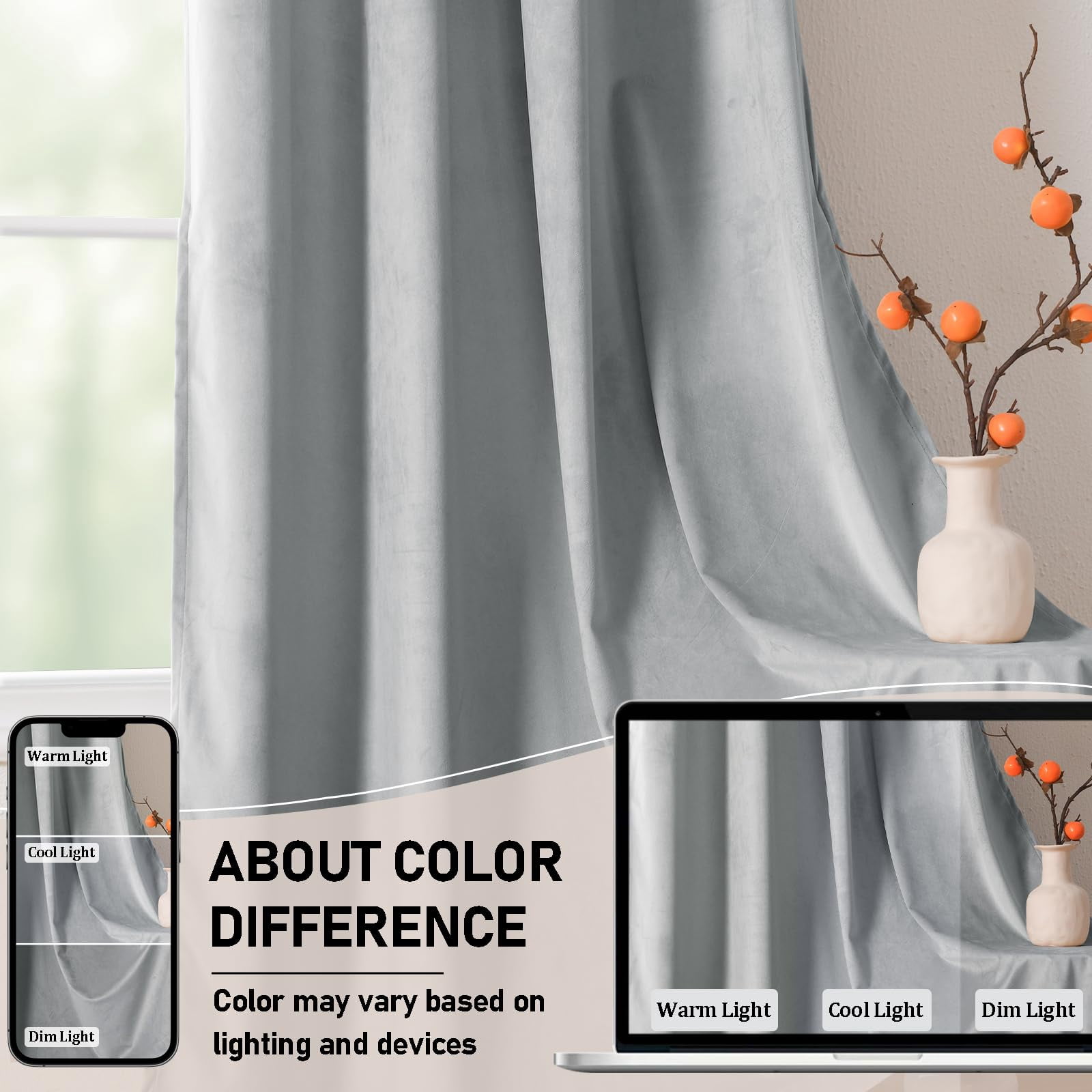 JIUZHEN Velvet Blackout Curtains for Bedroom - 63 inches Thermal Insulated Room Darkening Rod Pocket Drapes for Office/Party, Set of 2 Panels with Tiebacks, 52W x 63L, Silver Grey