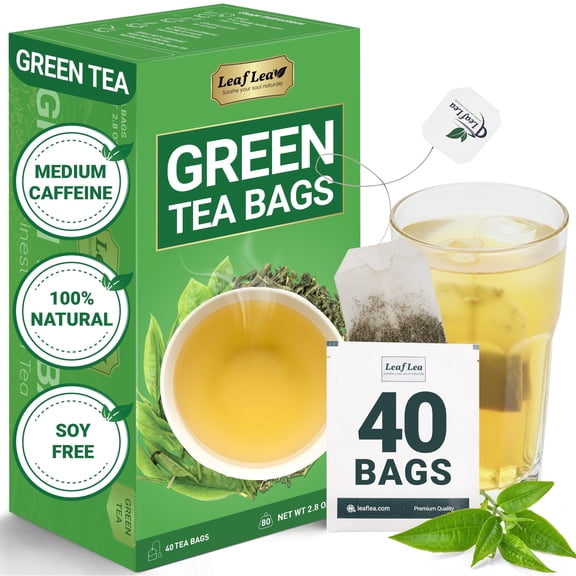 LeafLea 40 Green Tea Bags, 100% Natural & Pure from Green Tea Leaves, Smooth & Refreshing, Everyday Wellness with Natural Caffeine Content