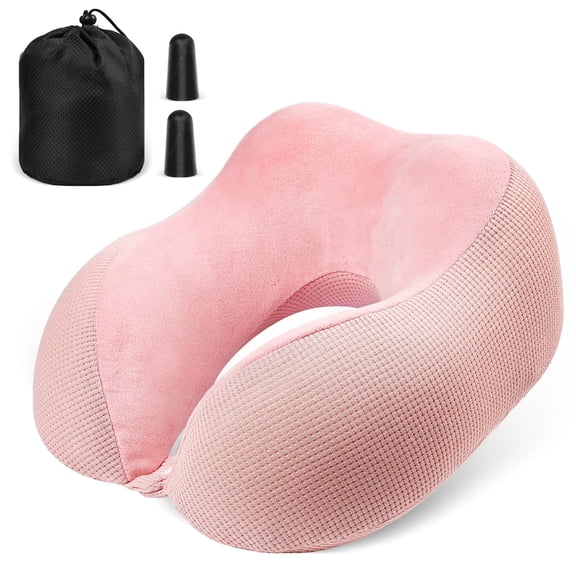 Fosmon Memory Foam Travel Neck Pillow for Plane, Soft Foldable Adjustable Support Chin Neck Cushion for Adults Sleeping on Airplane with Washable Cotton Cover and Ear Plugs - Pink