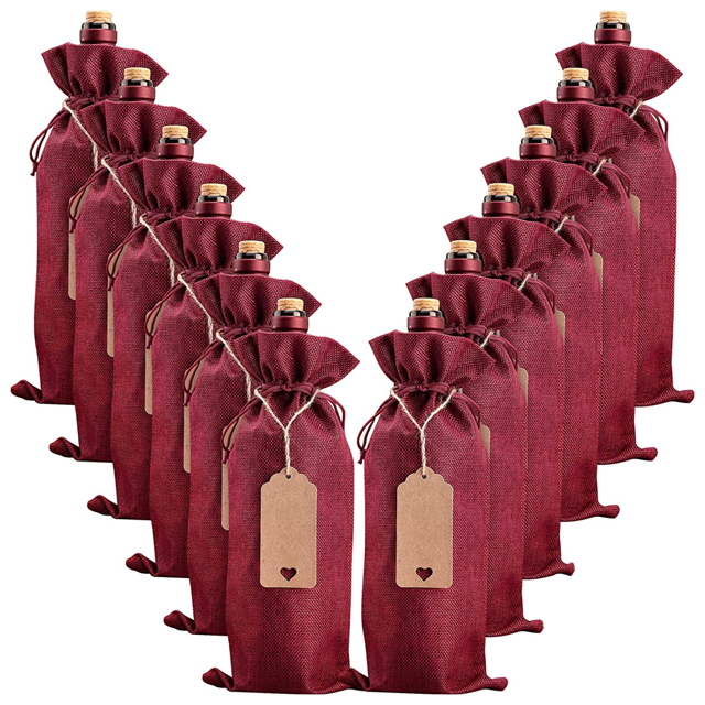 Bolsas de arpillera para vino, bolsas de regalo para vino, 12 bolsas para botellas de vino con cordones, etiquetas y cuerda, cubiertas reutilizables para botellas de vino