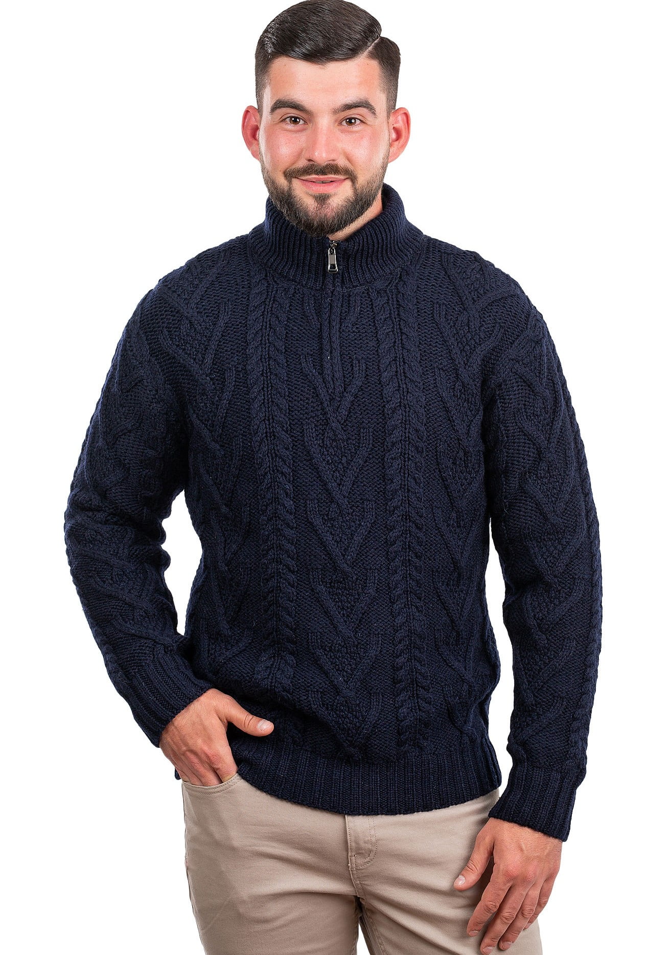 SAOL Aran 100% Merino Wool Men's Zip Neck Fisherman Sweater Irish ...