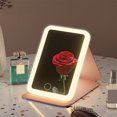 thumbnail image 1 of Travel Makeup Mirror with Light, Lighted Makeup Mirror 5.43*7.95 Inch Tabletop Vanity Mirror with Lights, Rechargeable Desktop LED Cosmetic Mirror with 90° Rotatable Stand, Dimmable Lighting, 1 of 9