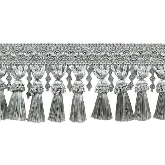 4" (10cm) Elegant Beaded Tassel Fringe with Fancy Gimp Header | Fringe Trim # BTFCT4,, Cool Grey #79 (Light Grey) Sold By The Yard (36"/3 ft/0.9m)