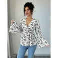 thumbnail image 3 of Women'S Floral Print Blouse Long Sleeve Babydoll Shirt Deep V Neck Peplum Top Black XXL, 3 of 7