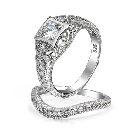 1ct Art Deco Style Solitaire Round Filigree Aaa Cz Pave Contoured Band Engagement Wedding Ring Set 925 Sterling Silver