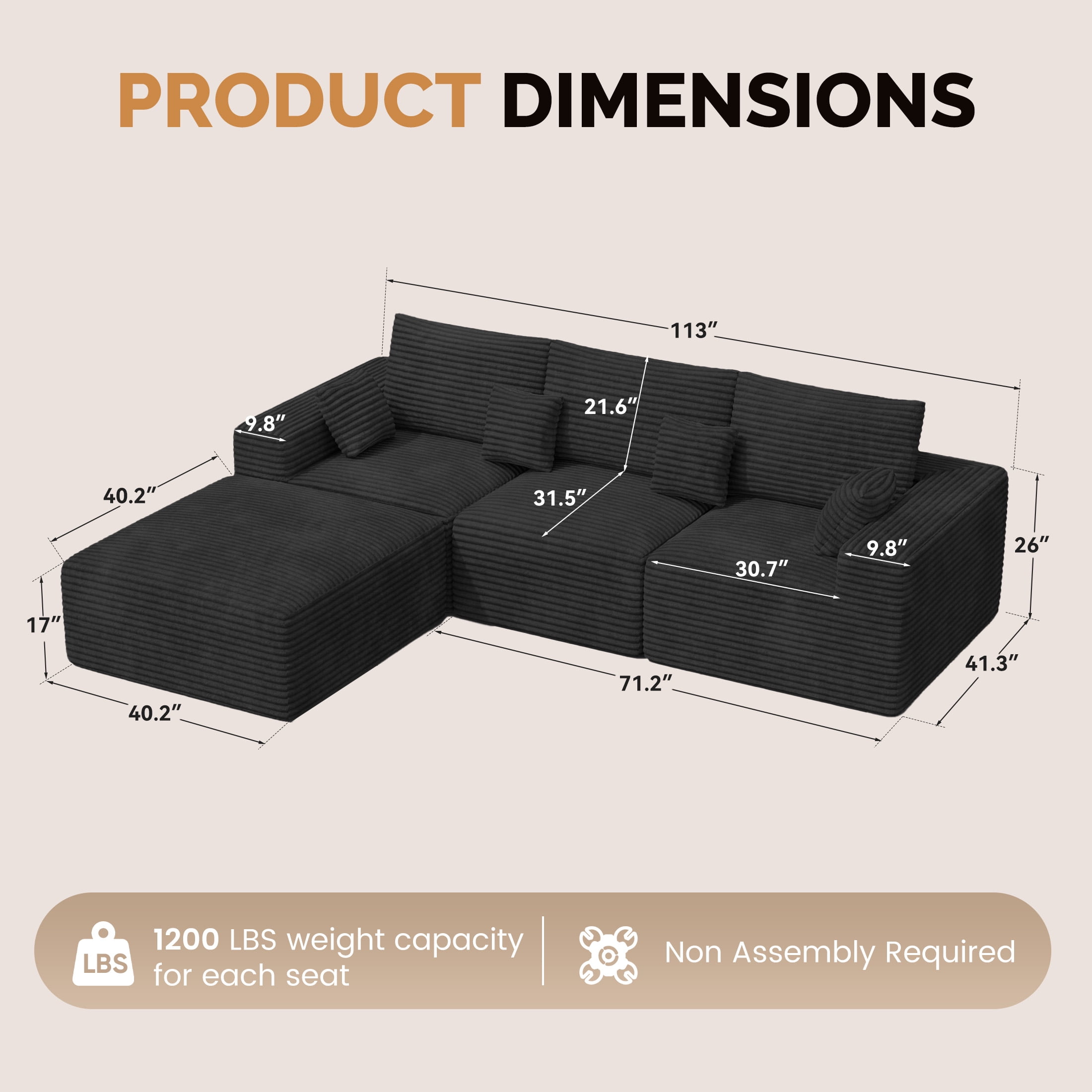 Daluvenix Modern Modular Sectional Sofa 113" L-Shaped Boneless Couch with Deep Seat Convertible Corduroy Cloud Couches for Living Room