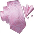 thumbnail image 5 of Hi-Tie Men Pink Paisley Tie Pocket Square Sets Jaquard Silk Necktie Cufflinks Set for Wedding Party, 5 of 6