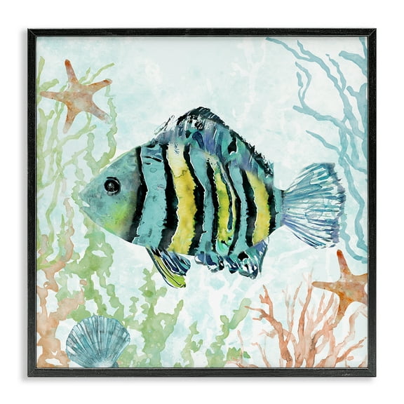 Stupell Industries Striped Fish Underwater Animals Painting Black Framed Art Print Wall Art, 12 x 12