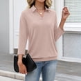 thumbnail image 6 of Polo Shirts for Women Collared V Neck Banded Bottom Long Sleeve Basic Knit Pullover Blouses Beige L, 6 of 7