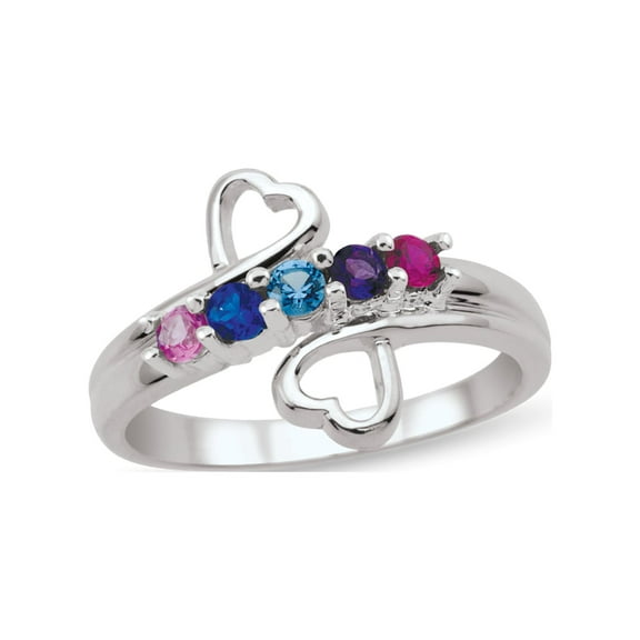 Personalized Double Hearts Bypass Design Birthstone Ring in Sterling Silver by Jewlster