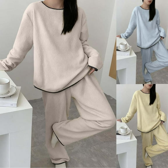 CFLVAEK Fuzzy Pajamas Sets for Women Plus Size Warm Winter Tops with Pants Soft Sleepwear Two Piece Thermal Loungewear Set White