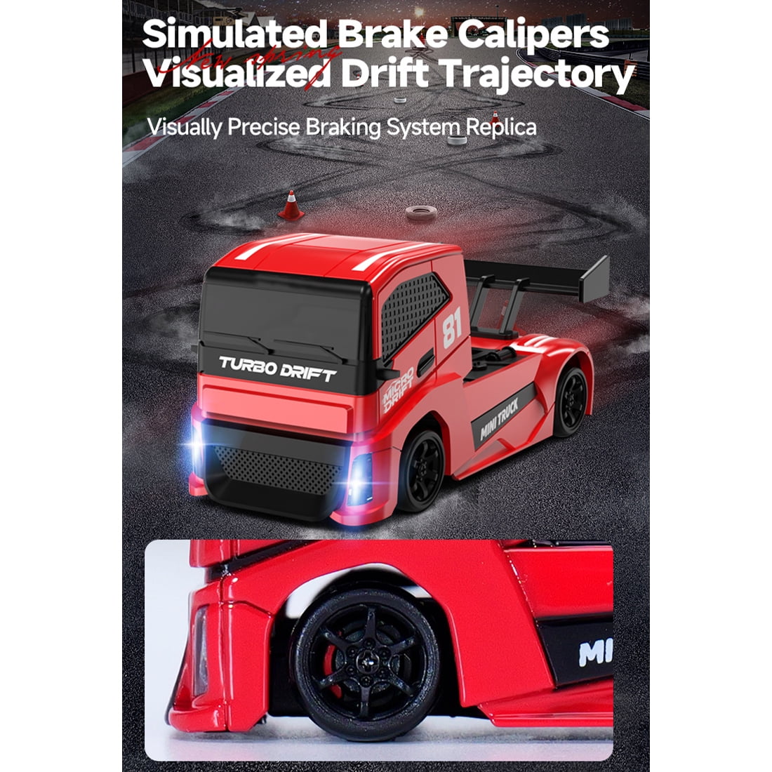 1/87 Scale 4WD Full Proportional RC Drift Car,  2.4G HighSpeed Mini Truck Model with Simulated Brake Calipers, Linked Lights (RTR/Purple)