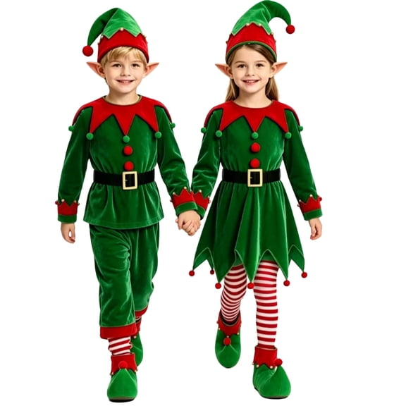 Grblisyd Kids Christmas Set Santa Claus Helper Elf Costume Outfits Long Sleeve Dress Hat Stockings