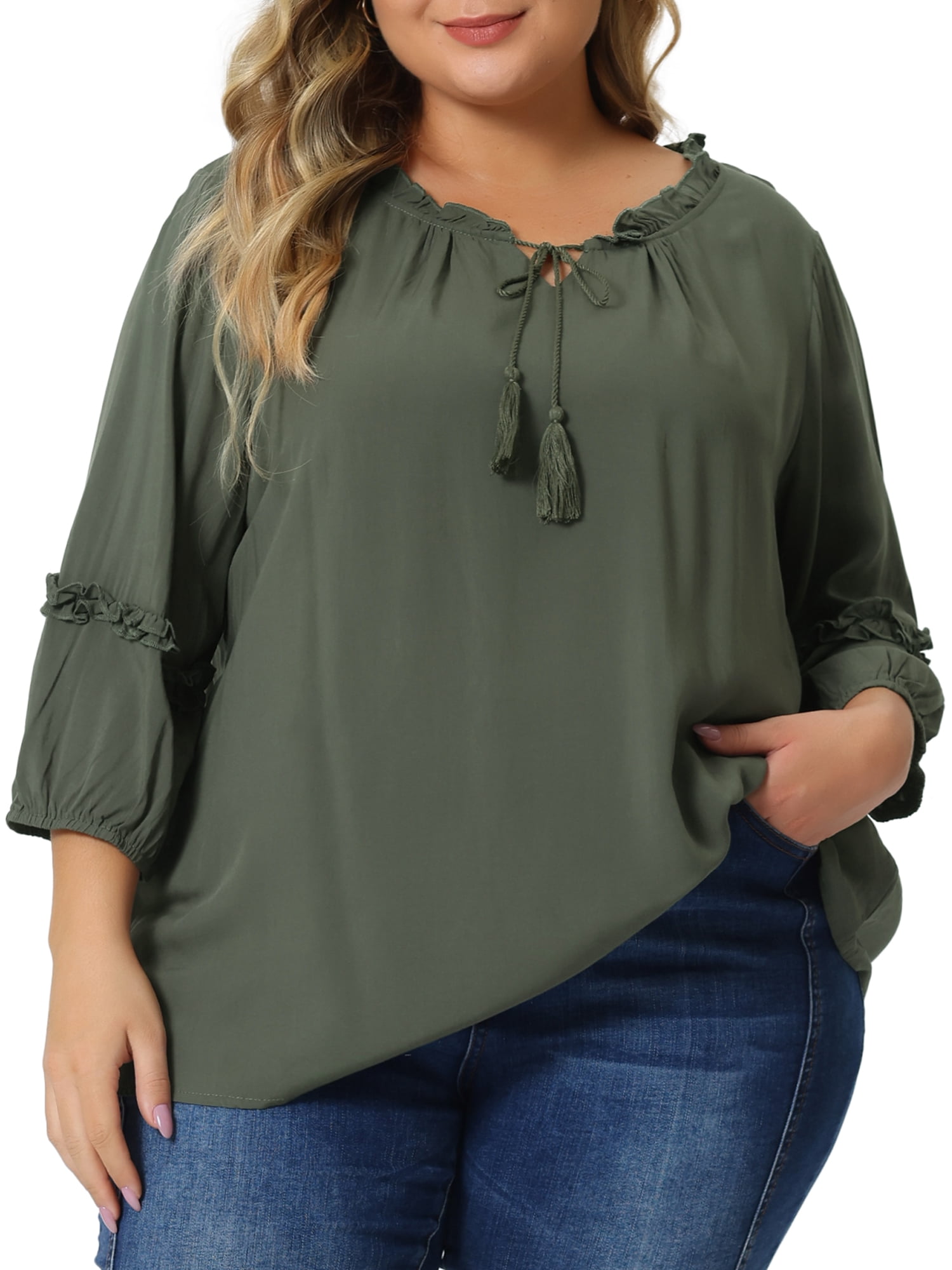 Women's Plus Tops Tie Neck Tassel Self Flutter 3/4 Sleeve Blouses Tops 3X Army Green