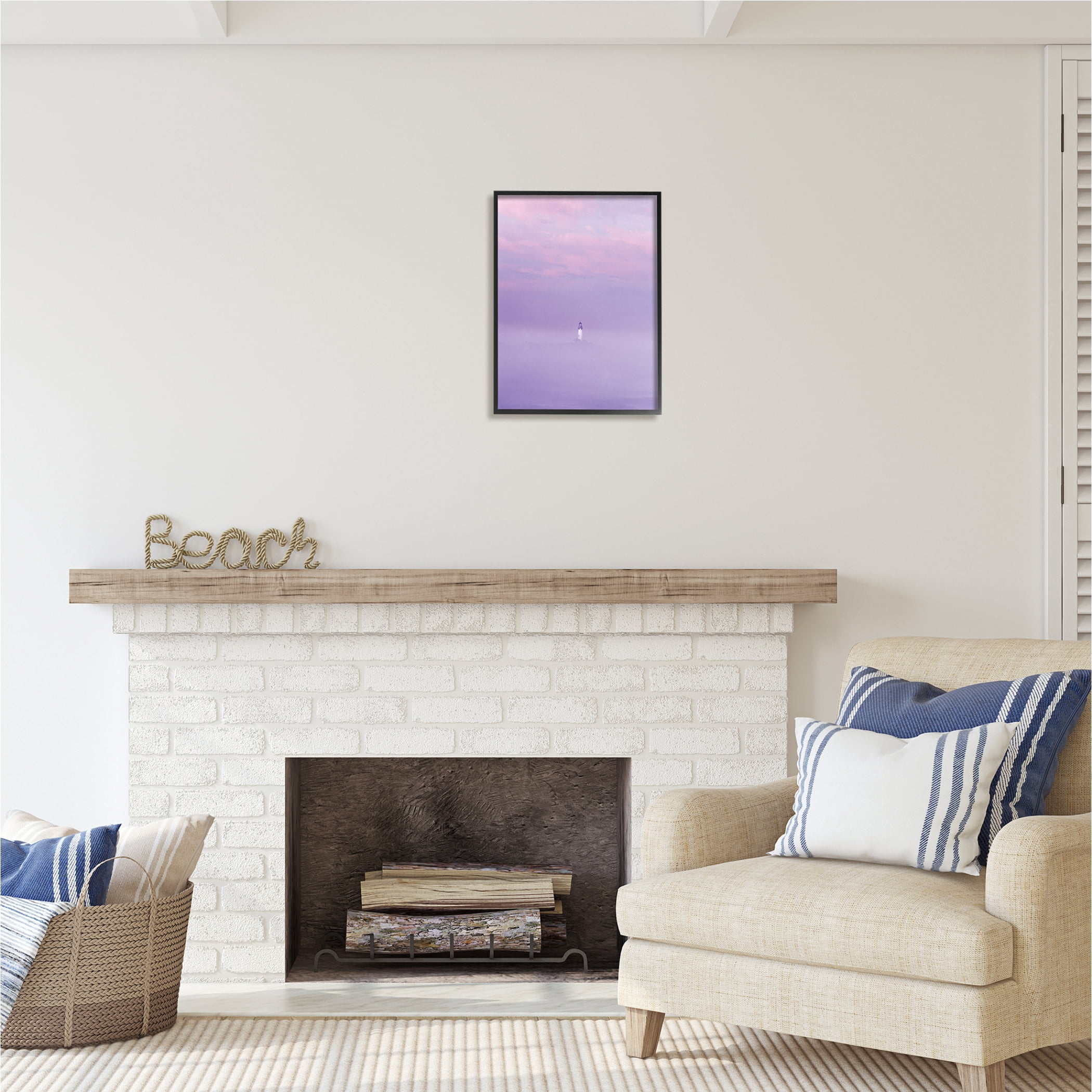 Stupell Industries Foggy Purple Lighthouse Nature Photography Black Framed Art Print Wall Art, 16 x 20