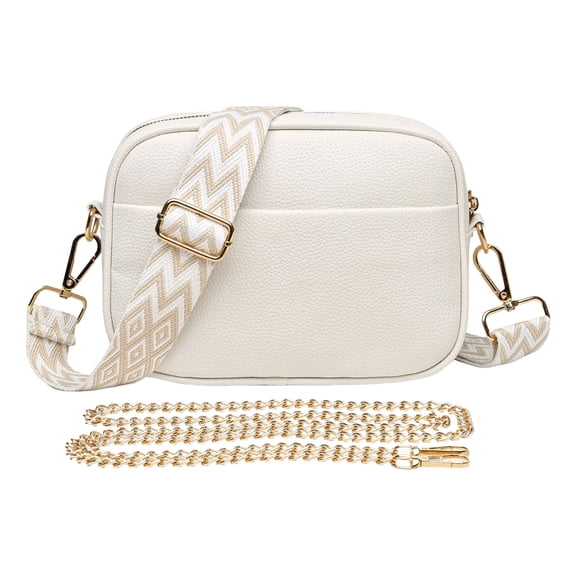 Modstep Leather Crossbody Purse for Women Detachable Wide Strap and Chain Zipper Shoulder Bags Ladies Work Phone Handbag White