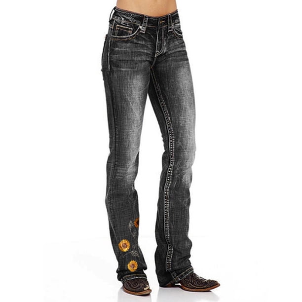 Pantalones Vaqueros Para Mujer Con Estampado de Girasol, Bolsillos de Mezclilla, Empalme, Informal, Con Cremallera, Con Flecos, Pantalones Vaqueros Odeerbi ODB-4