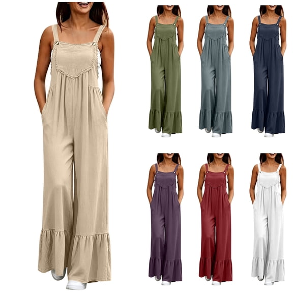 Bloomae Linen Overalls for Women Loose Wide Leg Ruffled Hem Jumpsuits Dressy Casual Lace Trim One Piece Boho Outfits Baggy Jumpers Comfy Summer Rompers with Pockets