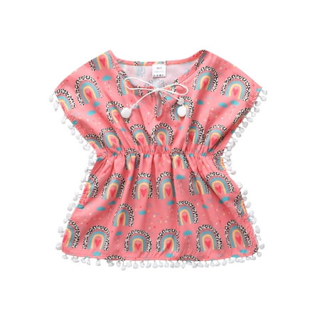 

Nokpsedcb Kids Baby Girls Dress Rainbow Print Beach Dresses Sundress Swimwear Cover Up Pink 3-4 Years