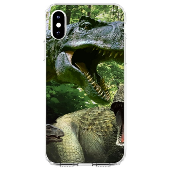 DistinctInk Clear Shockproof Hybrid Case for iPhone XR (6.1" Screen) - TPU Bumper, Acrylic Back, Tempered Glass Screen Protector - T-Rex Dinosaurs Raptor