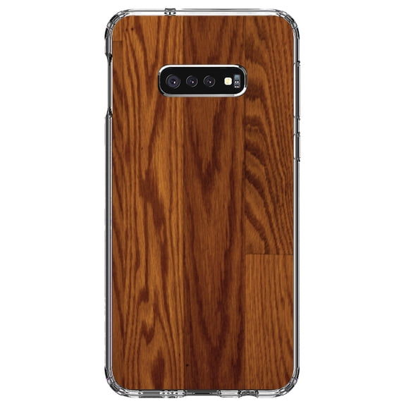 DistinctInk Clear Shockproof Hybrid Case for Samsung Galaxy S10e (5.8" Screen) - TPU Bumper, Acrylic Back, Tempered Glass Screen Protector - Dark Wood Floor Print - Printed Wood Grain Image