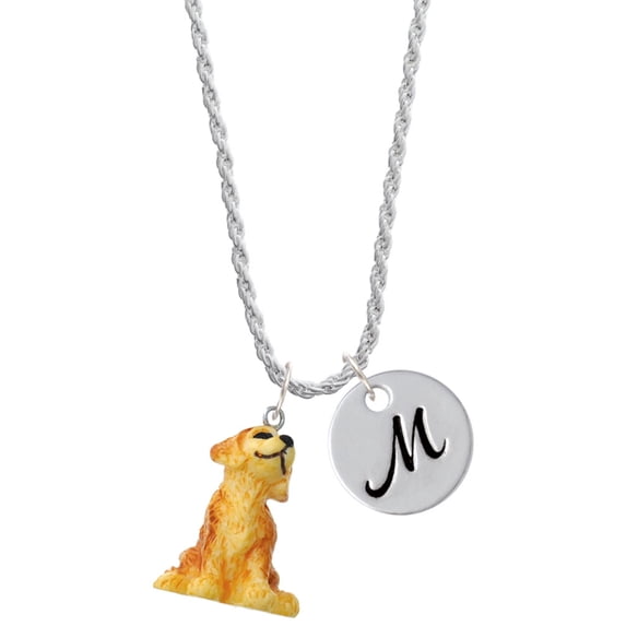 Delight Jewelry Resin Sitting Puppy Silvertone Script Initial Disc - M - Charm Necklace, 20"+3"