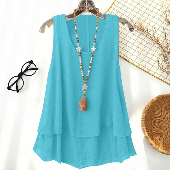Fznquz Plus Size Tank Tops for Women 2026 Casual Scoop Neck Tank Shirt Summer Linen Plain Blue Tops