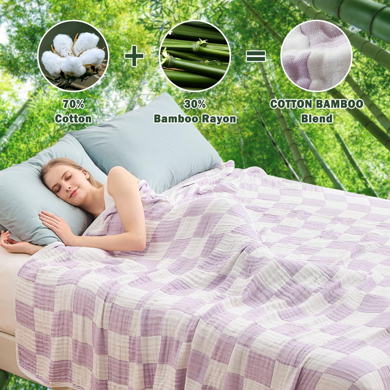 EMME Checkered Blanket Muslin Throw Cotton Bed Blankets for Adults 6 Layer 60"x80" Lightweight Soft Breathable All Season Gauze Blanket, Checkeredboard Purple