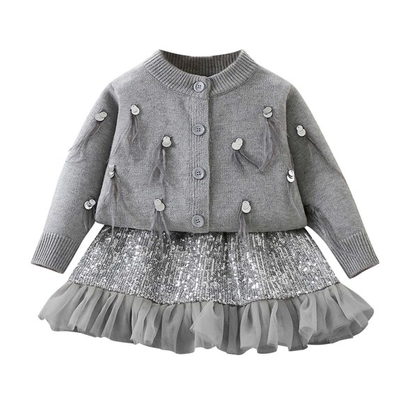 HVOBTTY Ensemble Tricoté Doux pour Filles, Ensemble Chandail d'Automne à Manches Longues + Jupe Courte à Sequins 2 Pcs Gris, 2 Ans