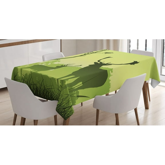 Ambesonne Green Tablecloth Rectangular Table Cover, Deer Trees and Crow Bird, 52"x70", Green
