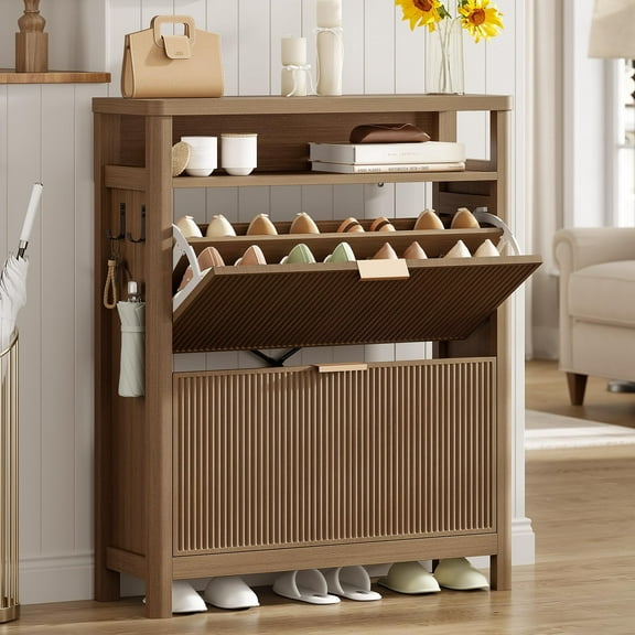 Shoe Cabinet Storage,Narrow Fluted Shoe Rack Cabinet with 2 Flip Drawers, Wooden Freestanding Organizer with Open Storage Space for Entryway,Wood (Wood)