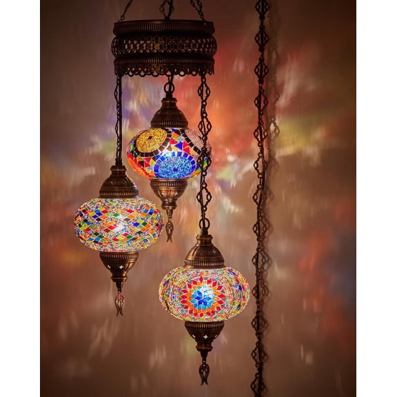 DEMMEX Turkish Mosaic Hanging Lamp, 3 Globe Handmade Plug-in Moroccan Chandelier Light Fixture with 15-ft Cord & Chain, Bohemian Ceiling Light for Living Room or Bedroom (Multicolor)